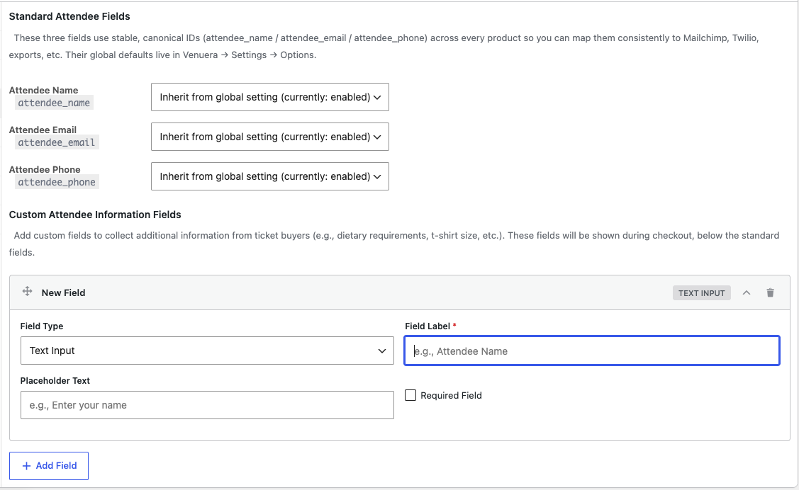Custom attendee fields defined in the product editor.