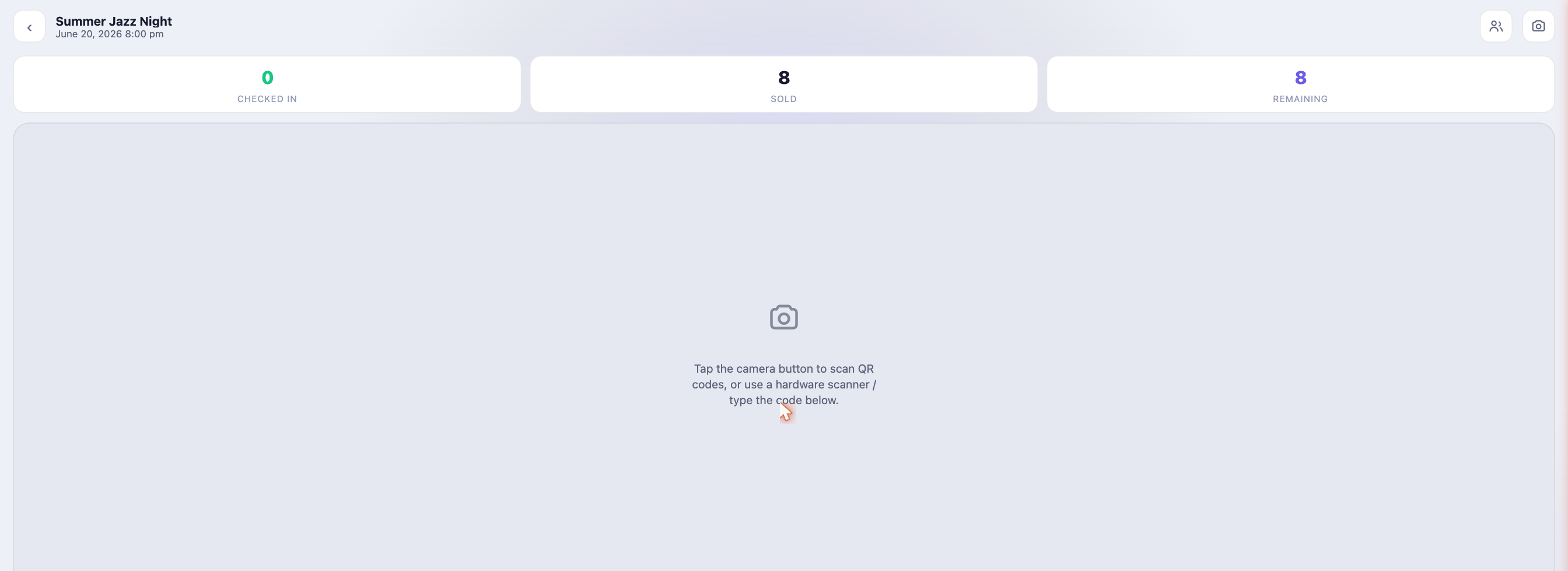 The check-in scan screen — live counts, scanner and manual entry.