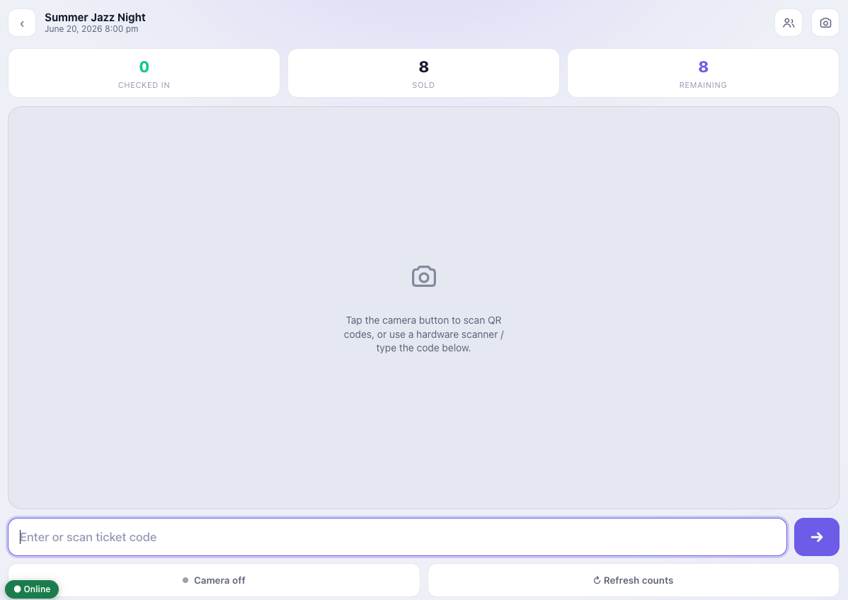Live sold / checked-in / remaining at the top of the scan screen.