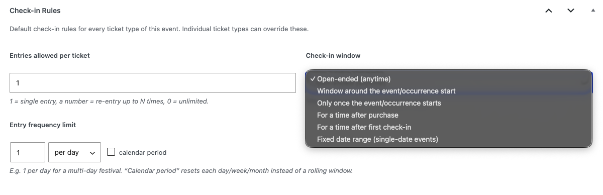 Max entries, availability window and per-time-basis limit.