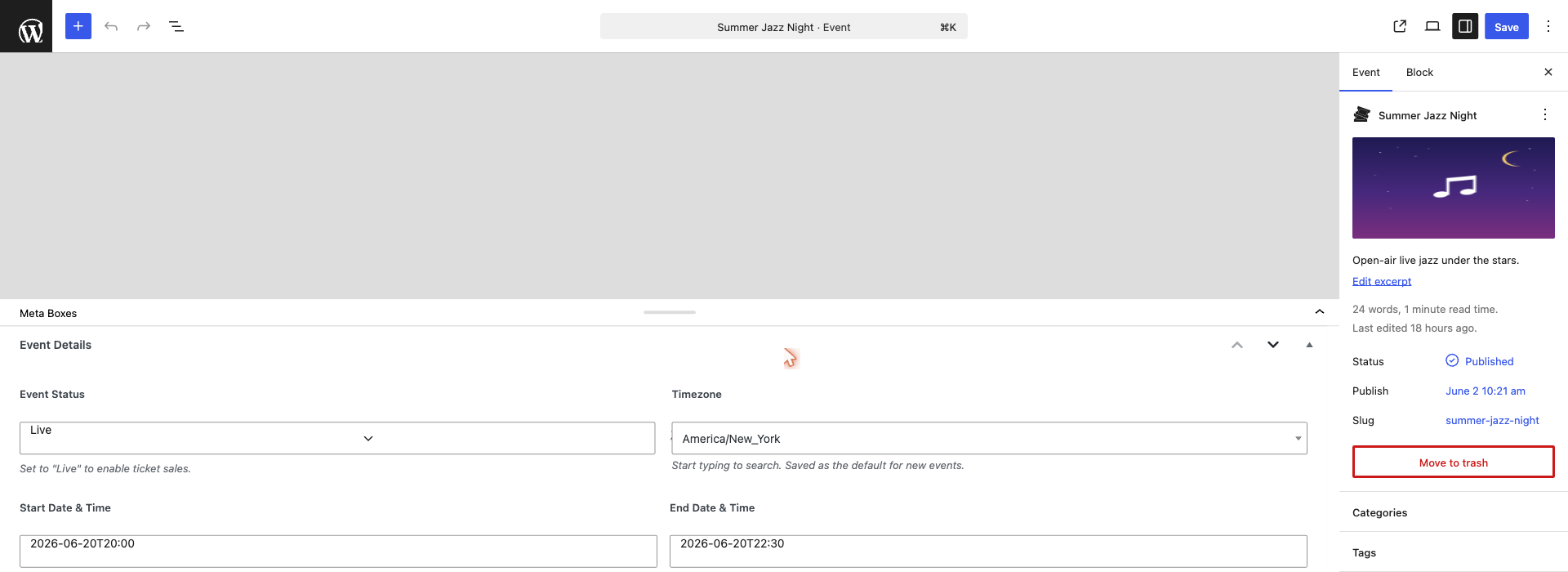 The event editor — title, schedule and venue details.