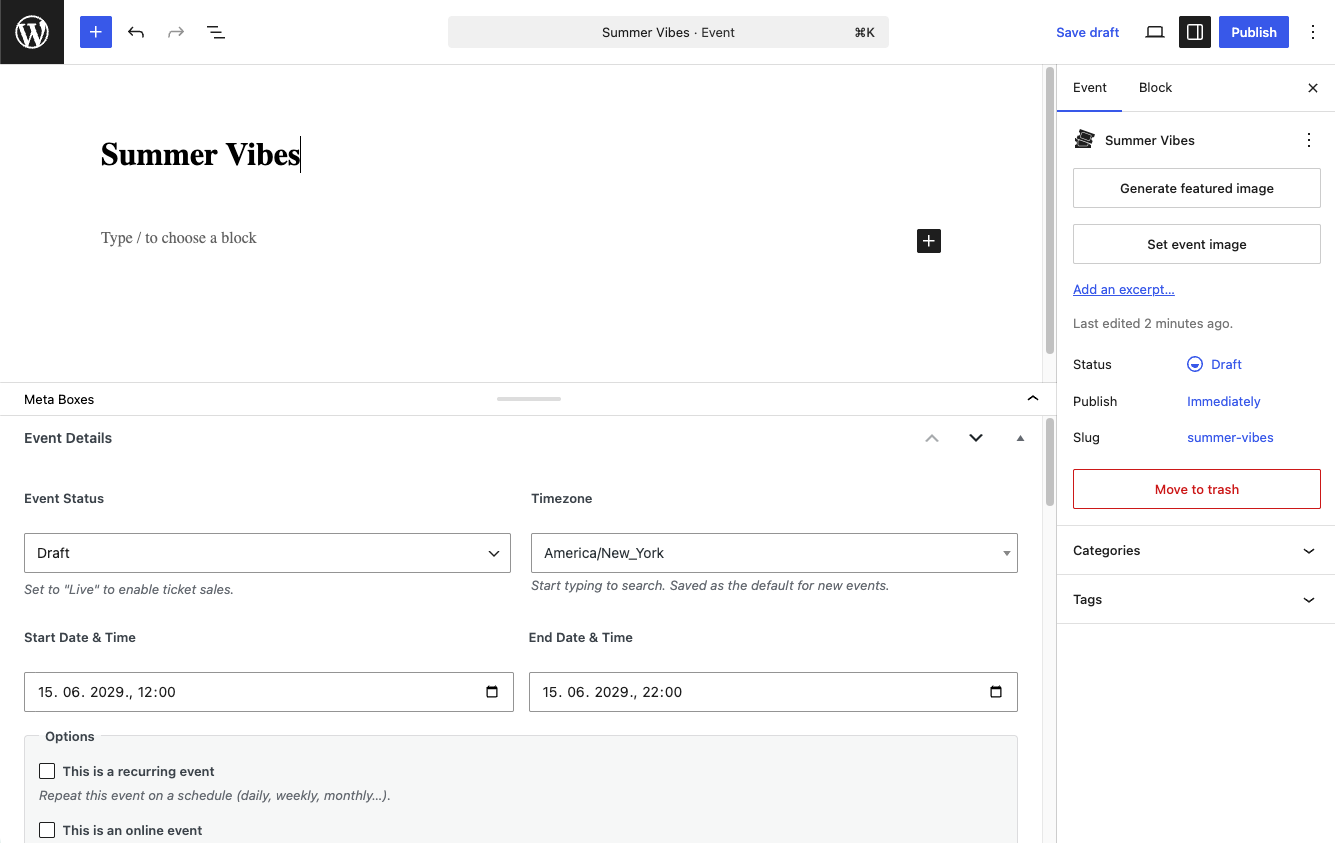 The event editor – title, schedule and venue details.