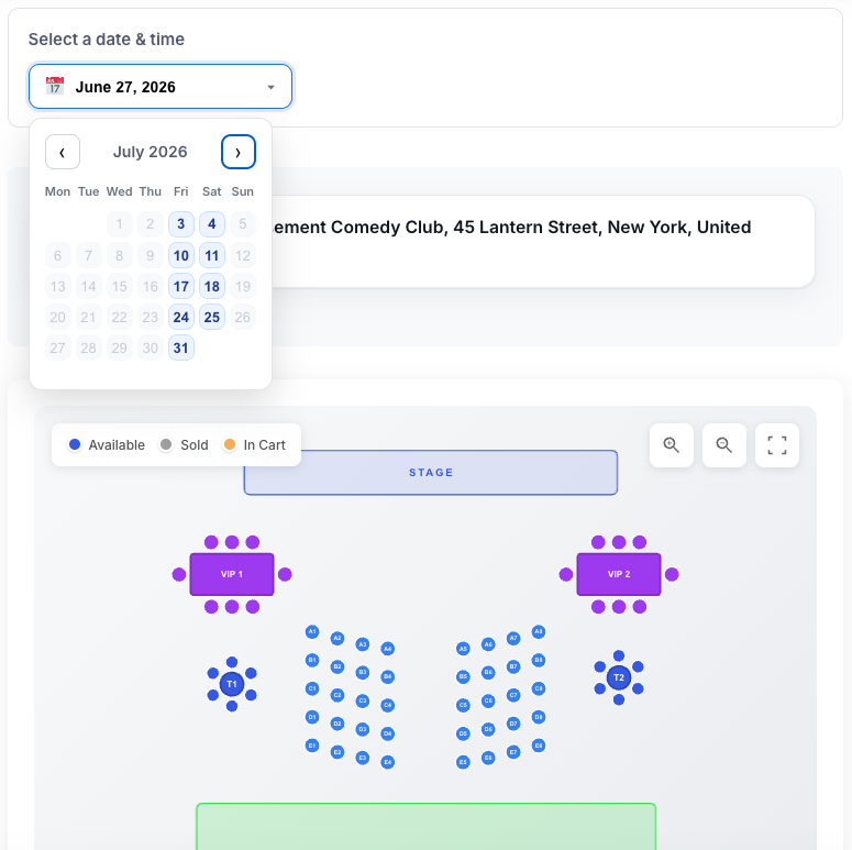 Each date carries its own remaining capacity and seat availability.