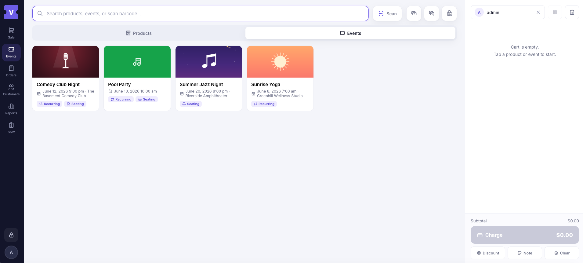 Selecting an event and its ticket type on the POS.