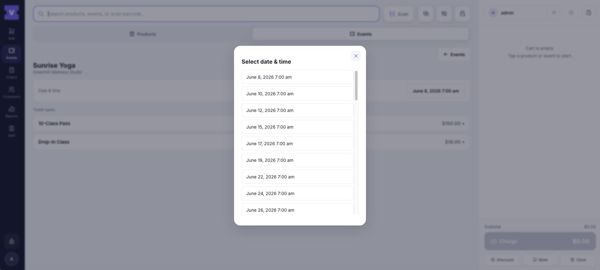 Choosing the date for a recurring event before adding it to the cart.
