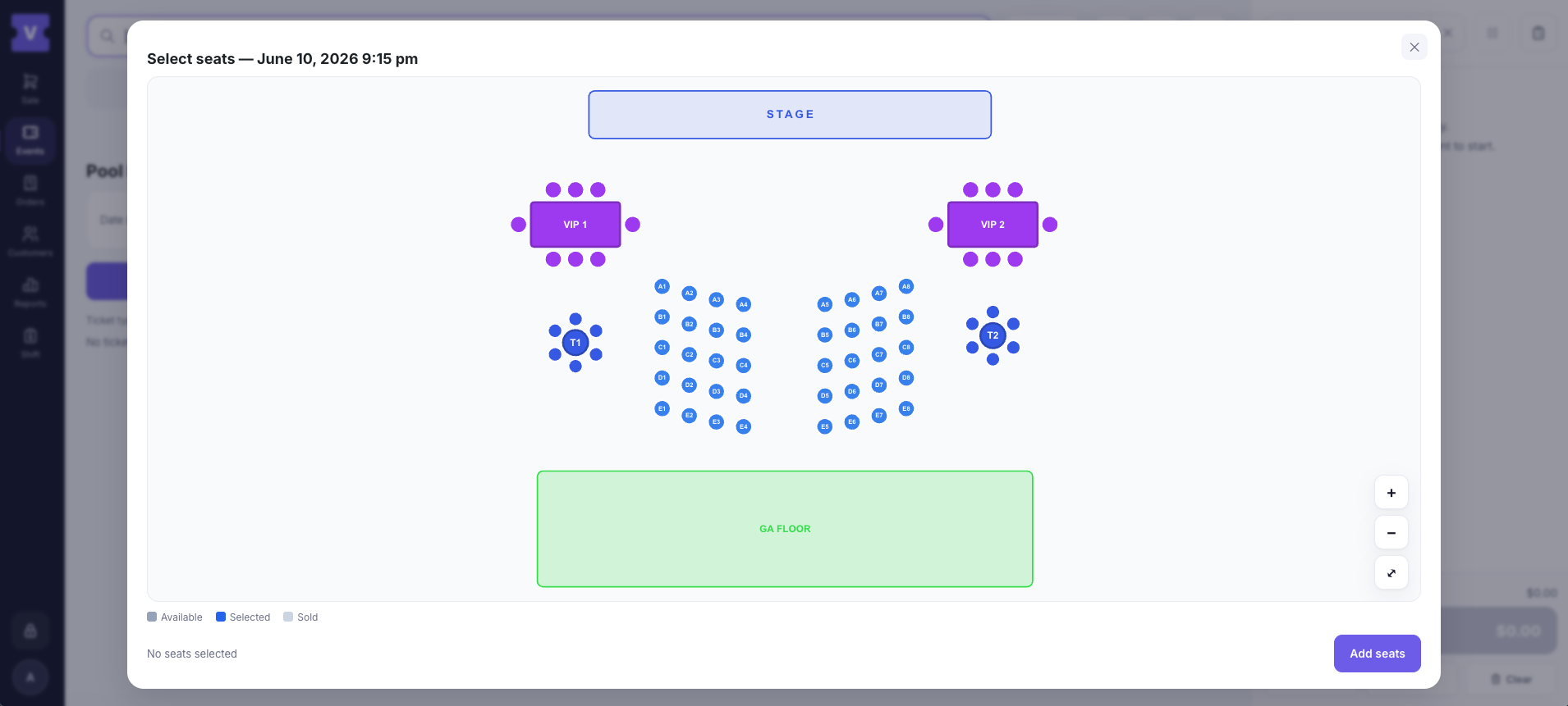 Picking a seat from the venue map to add to the POS cart.