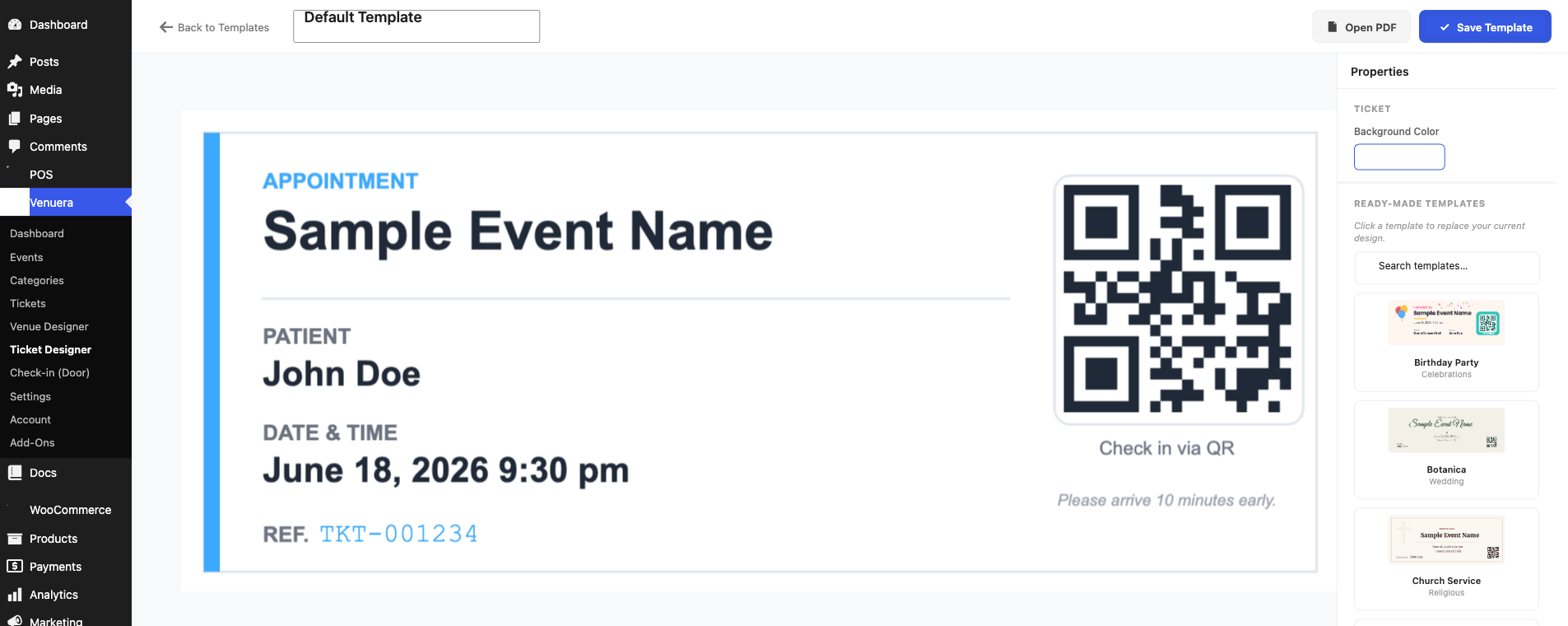 The Ticket Designer — canvas, toolbar and properties panel.