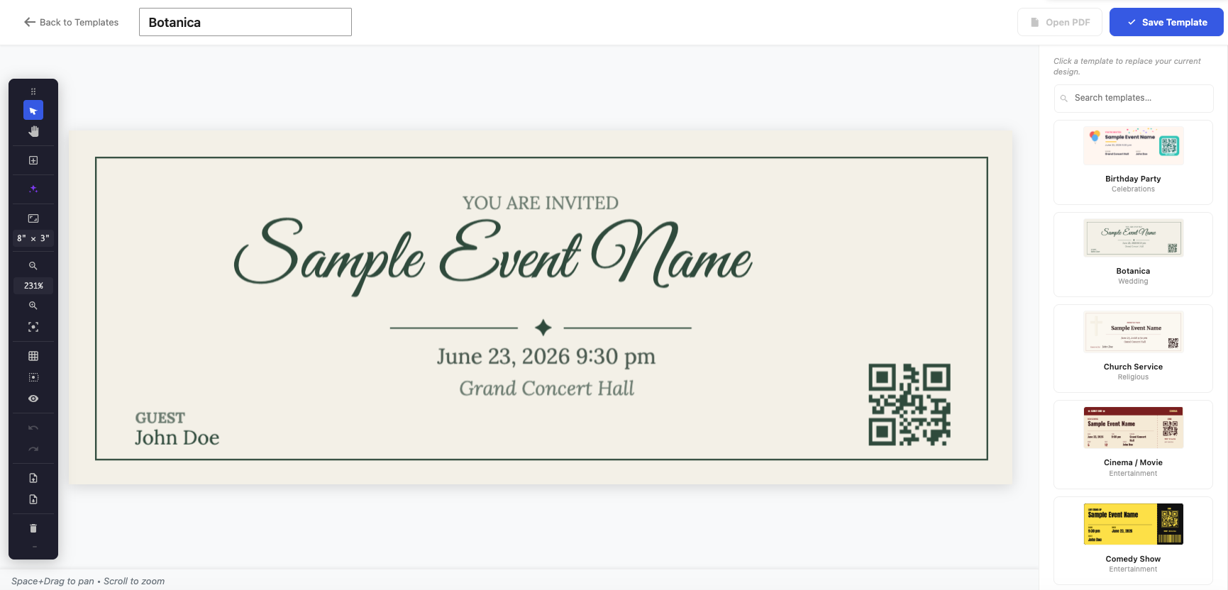 The Ticket Designer – canvas, toolbar and properties panel.