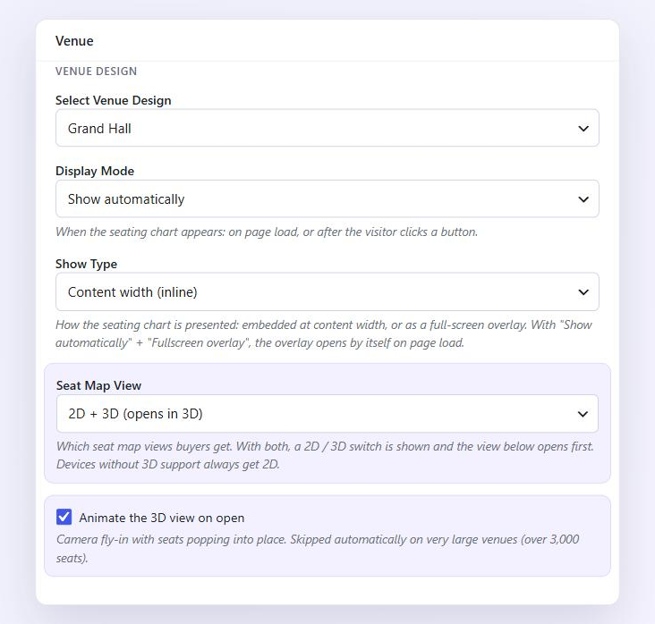 The Seat Map View and animation settings on the event.