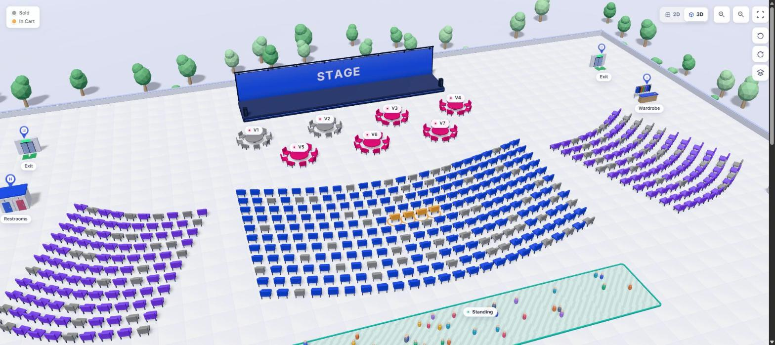 3D – the buyer’s seat map. Grey seats are sold, the four orange seats are in this buyer’s cart.