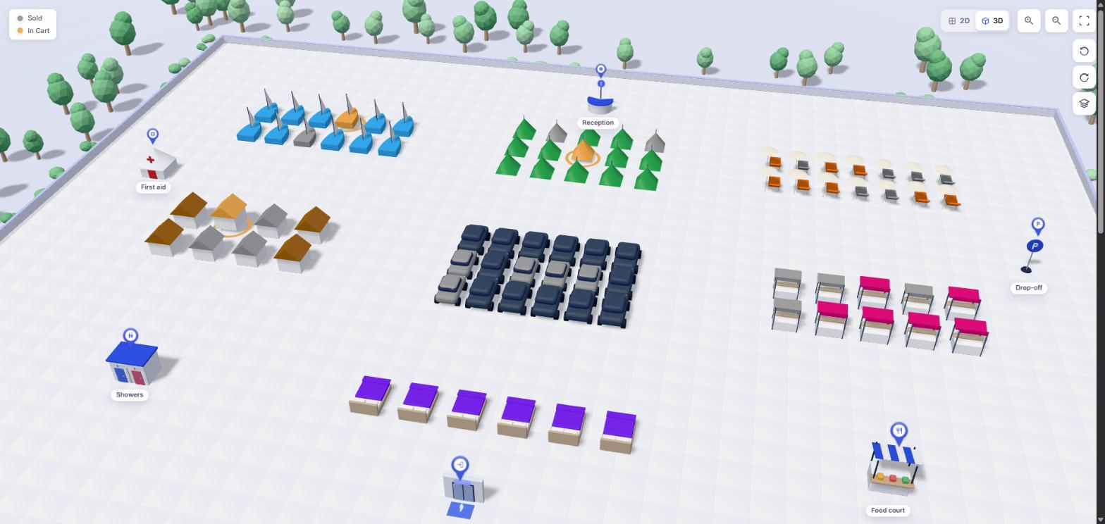 3D – a lakeside resort with marina slips, a campsite, cabins, beach loungers, market booths and parking. Orange items are in the cart, grey ones are sold.