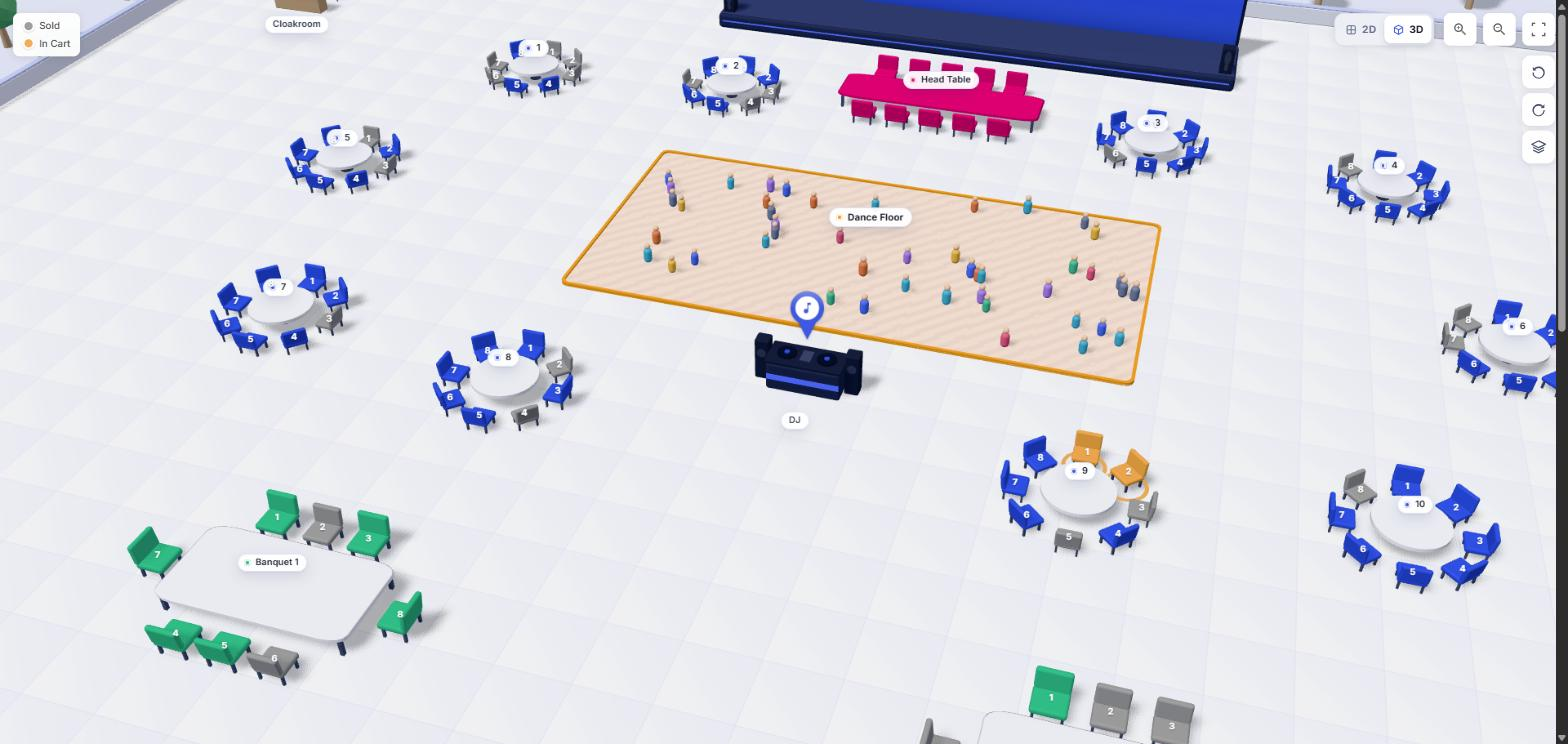 3D – a gala layout. Two chairs at table 9 are in the cart; grey chairs are already sold.
