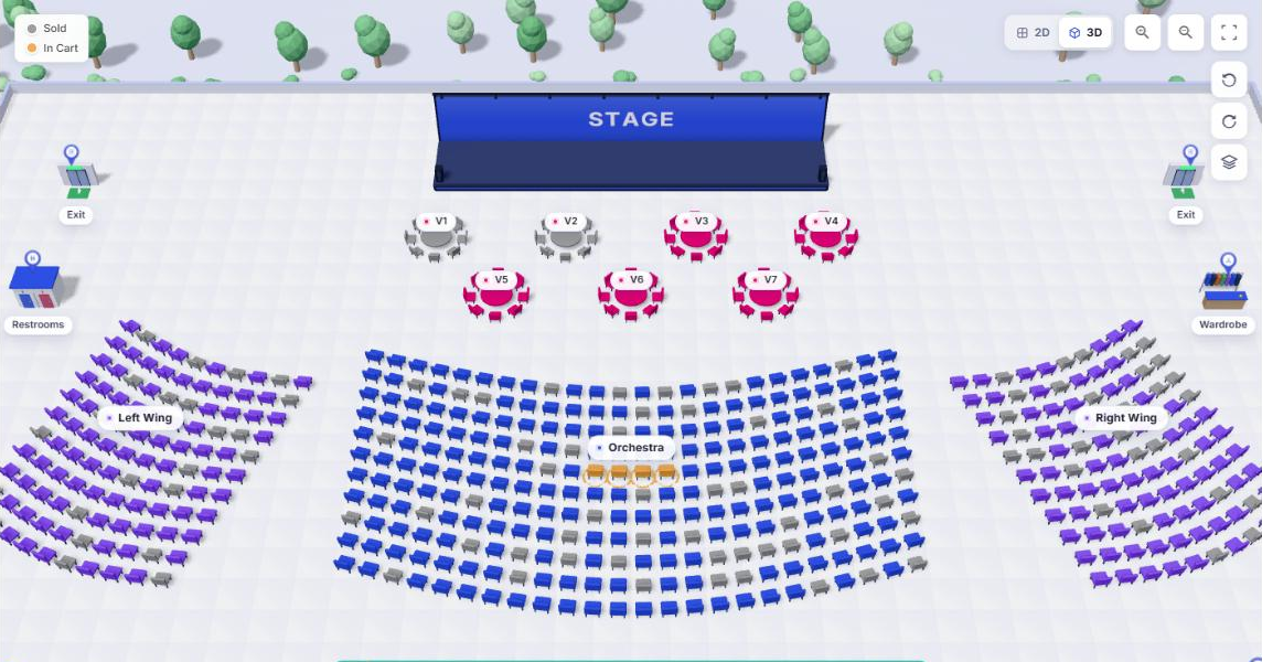 3D – the same room, the same seats and the same sold / in-cart states.