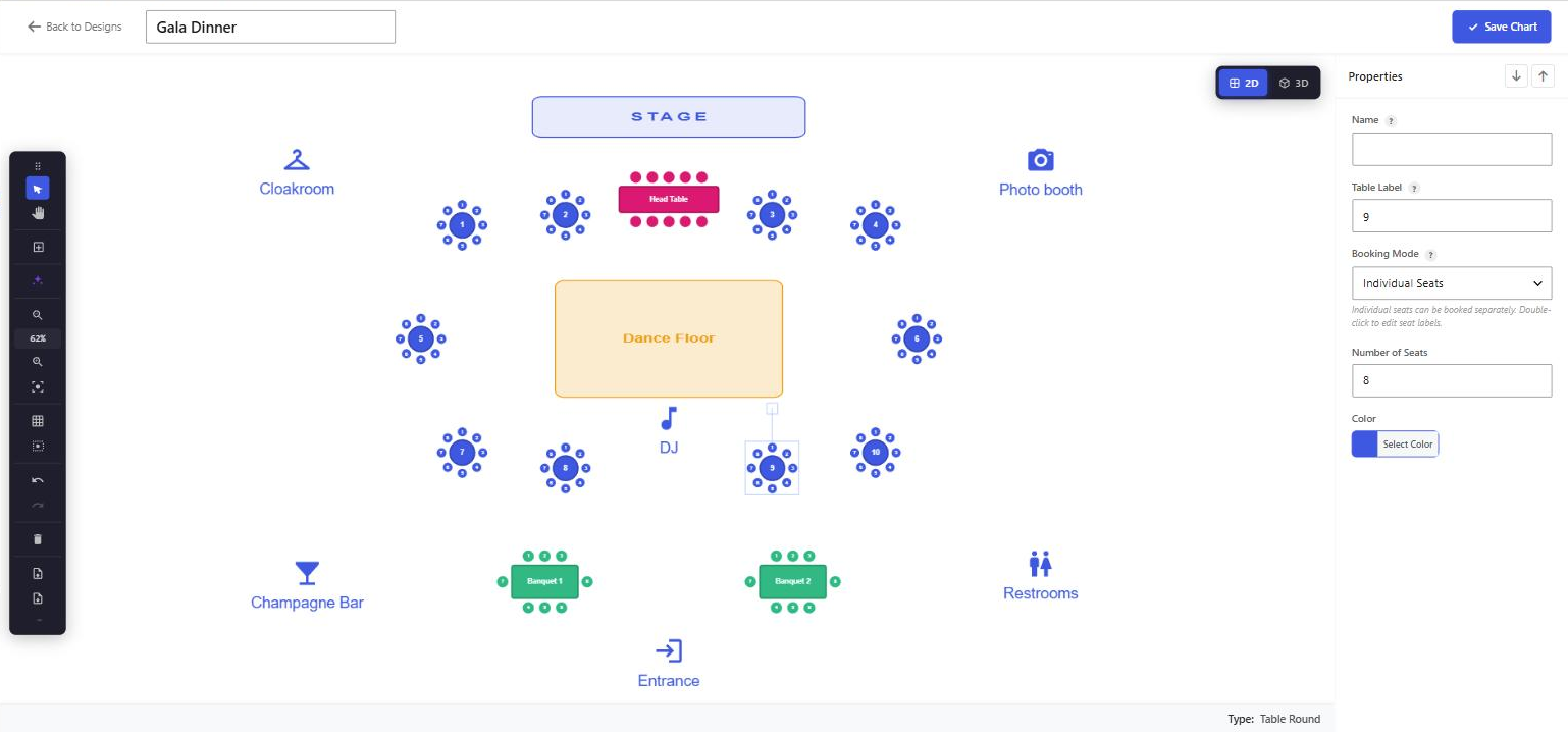 2D editor – the same design and the same selected table, as a flat plan.