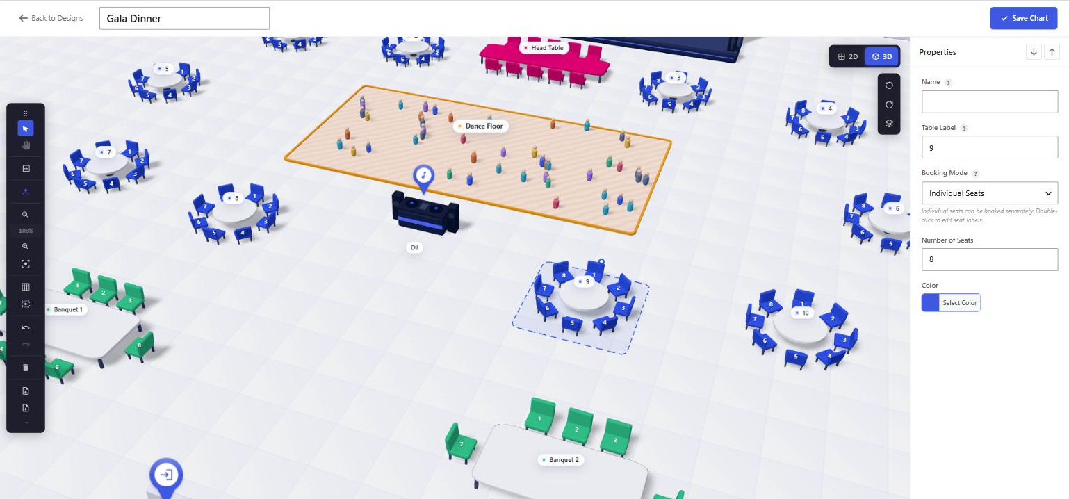 3D editor – table 9 selected, with the properties panel on the right.