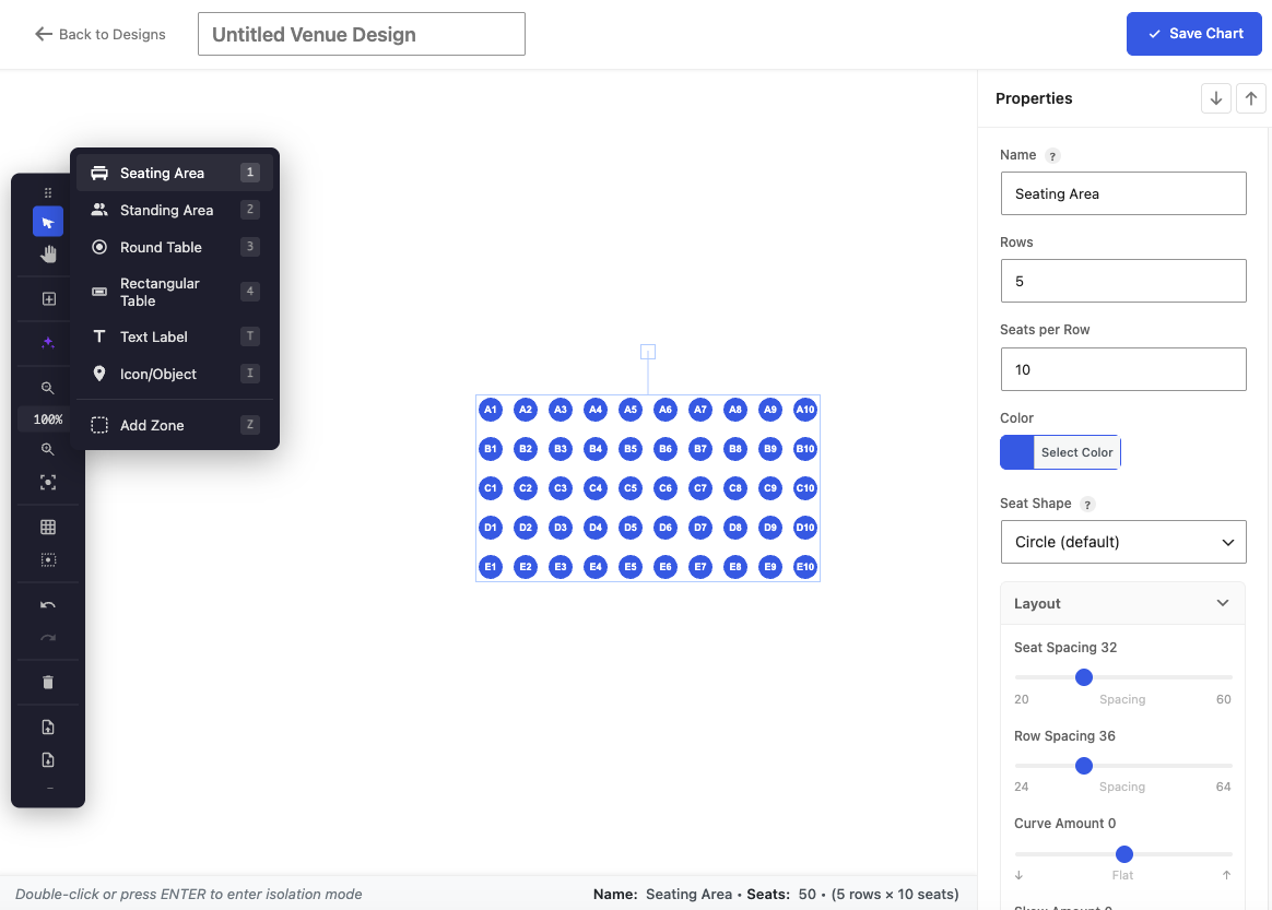 The Venue Designer canvas – rows, seats and areas drawn to scale.