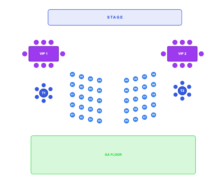 Zone tabs split the venue into sections; a standing area handles general admission.