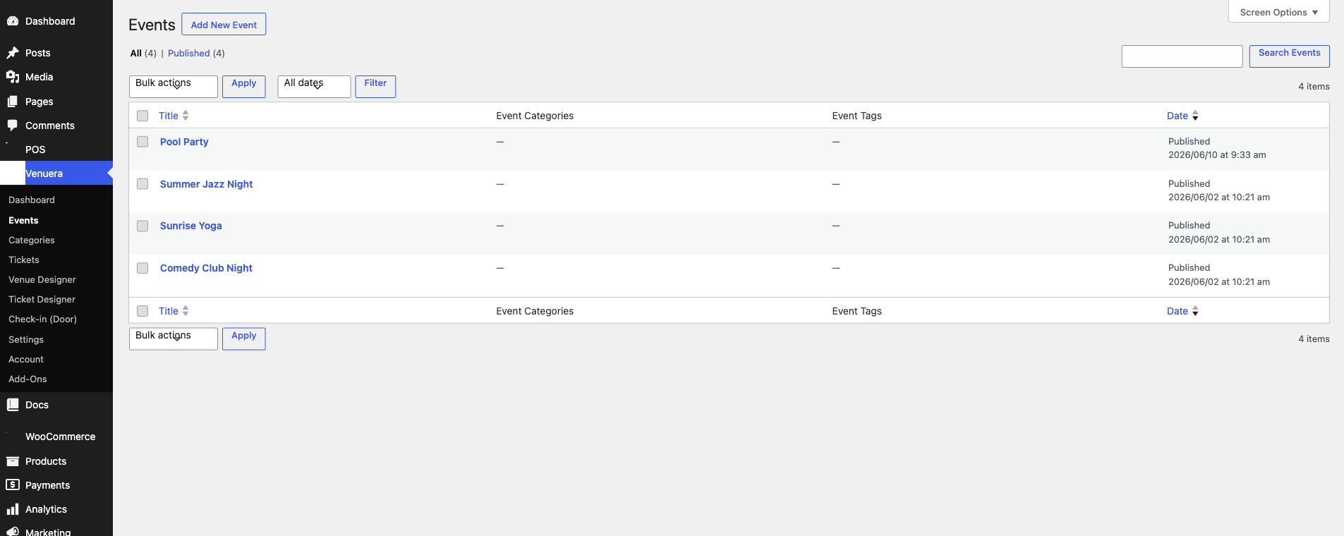 The Venuera menu appears in wp-admin after activation.