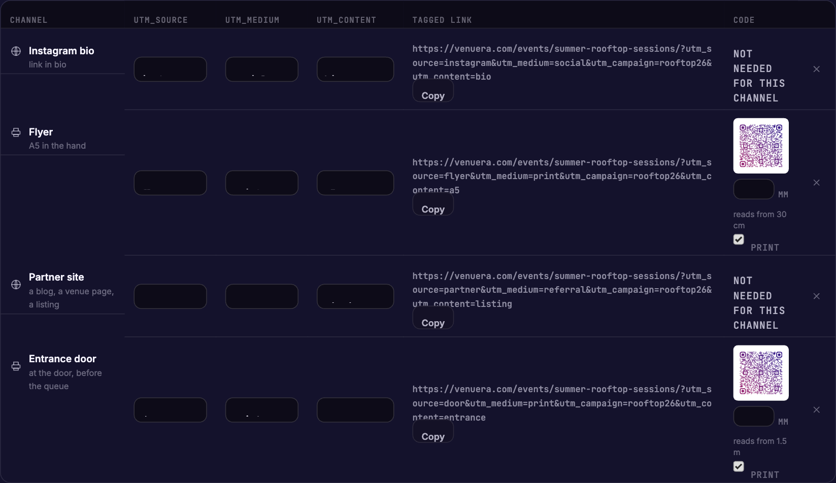 Campaign tracker in the Venuera QR code generator assigning UTM tagged links to Instagram, flyer, partner and door channels