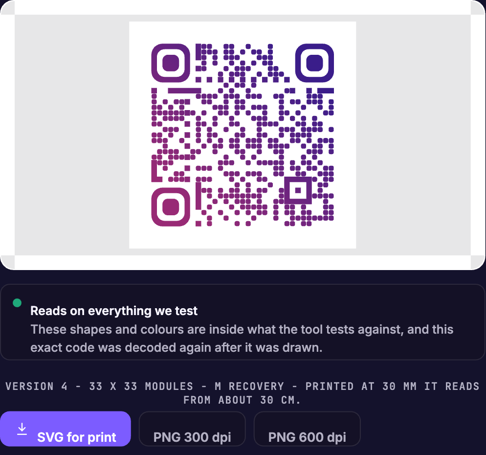 A QR code in the Venuera generator showing version 4, 33x33 modules and that printed at 30 mm it reads from about 30 cm